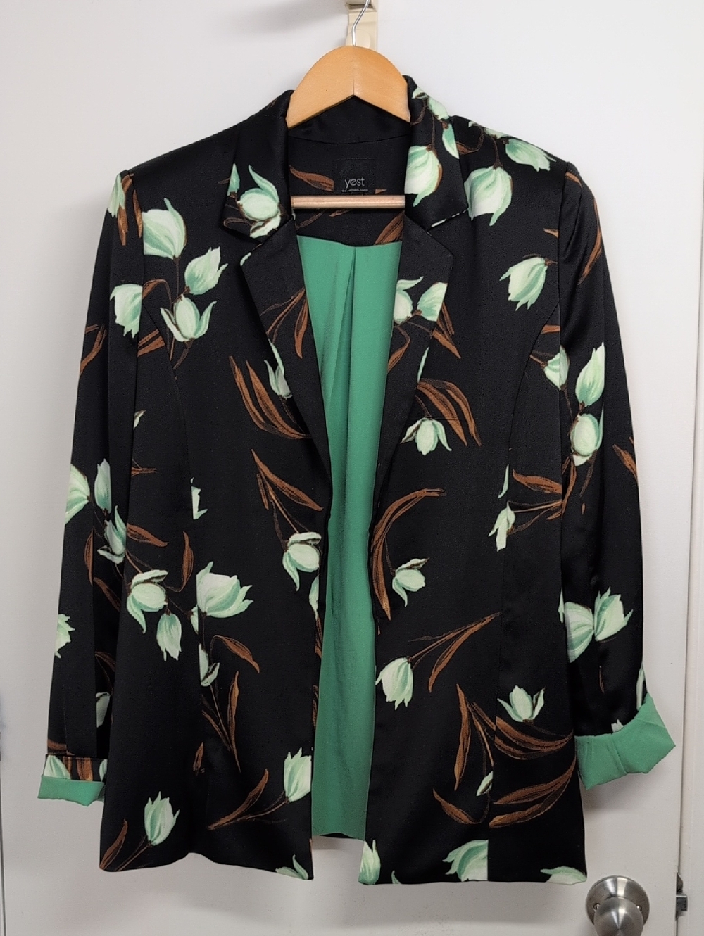 YEST THE NETHERLANDS FLORAL OPEN FRONT BLAZER SIZE 6 BLACK GREEN JACKET